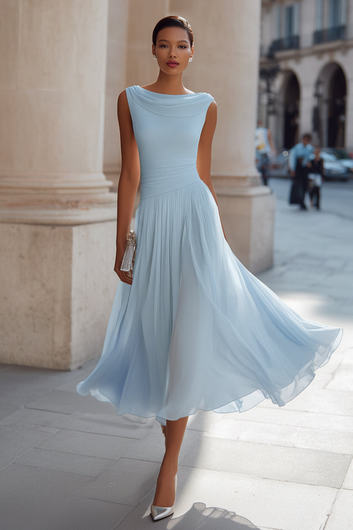 Zephira - Sleeveless Draped Neck Pleated Midi Dress