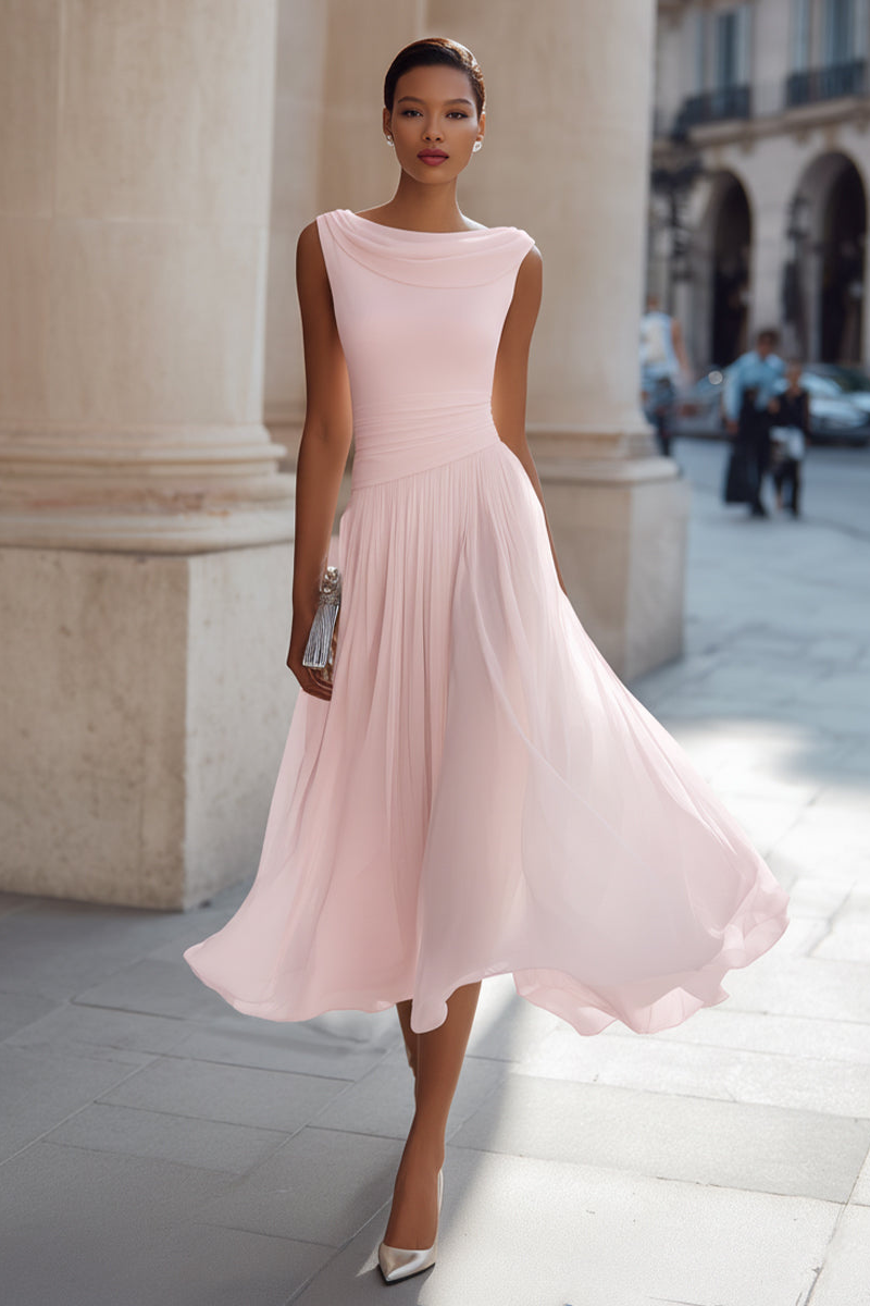 Zephira - Sleeveless Draped Neck Pleated Midi Dress