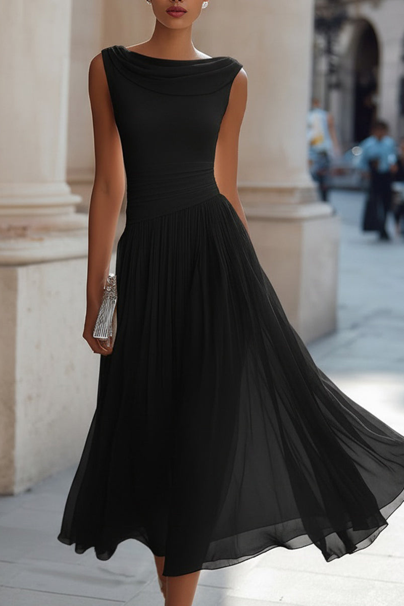 Zephira - Sleeveless Draped Neck Pleated Midi Dress