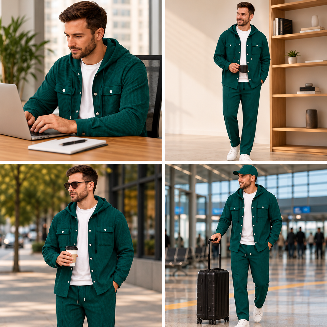 Waylon - Waffle Print Hooded Jacket And Pants Set