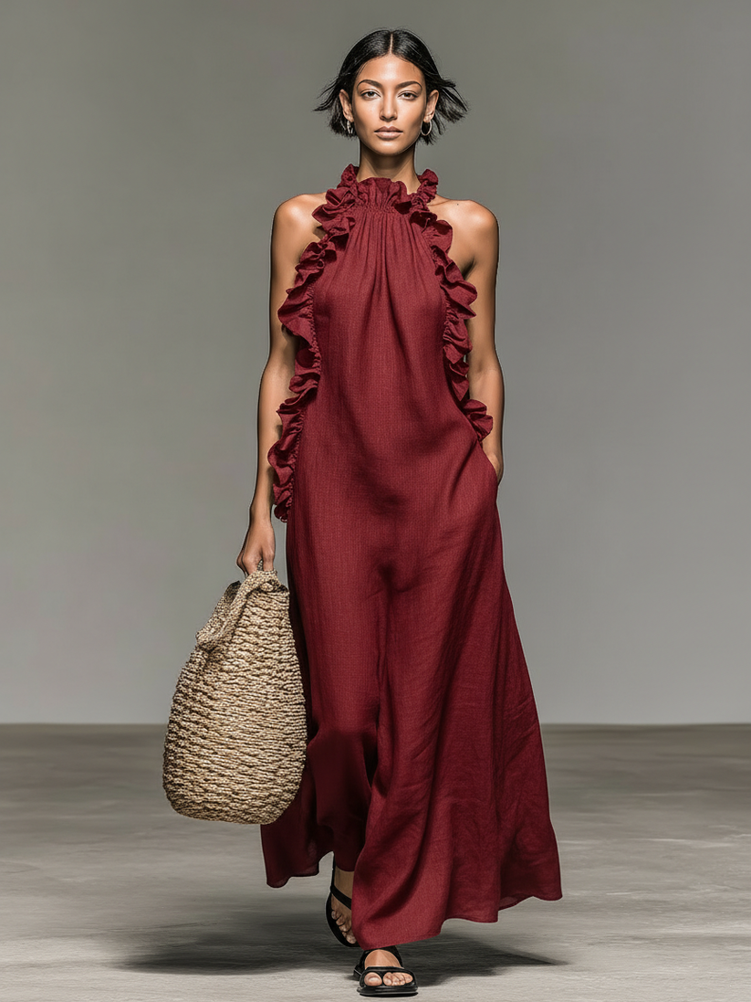 Fiora - Sleeveless Ruffle Halter Neck Long Dress With Pockets