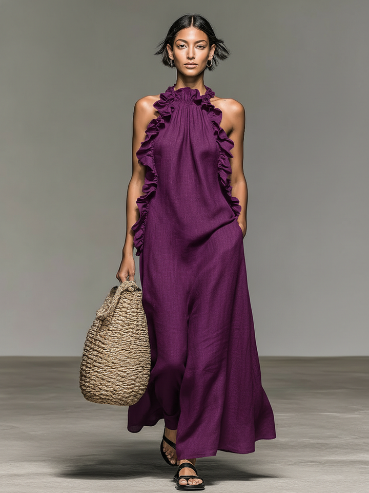 Fiora - Sleeveless Ruffle Halter Neck Long Dress With Pockets