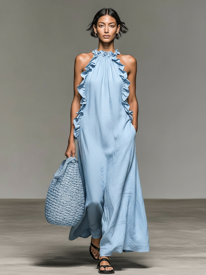 Fiora - Sleeveless Ruffle Halter Neck Long Dress With Pockets