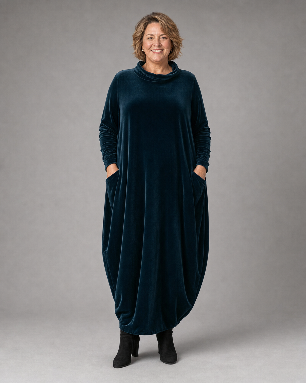 Lellina - Velvet High Neck Loose Fit Maxi Dress