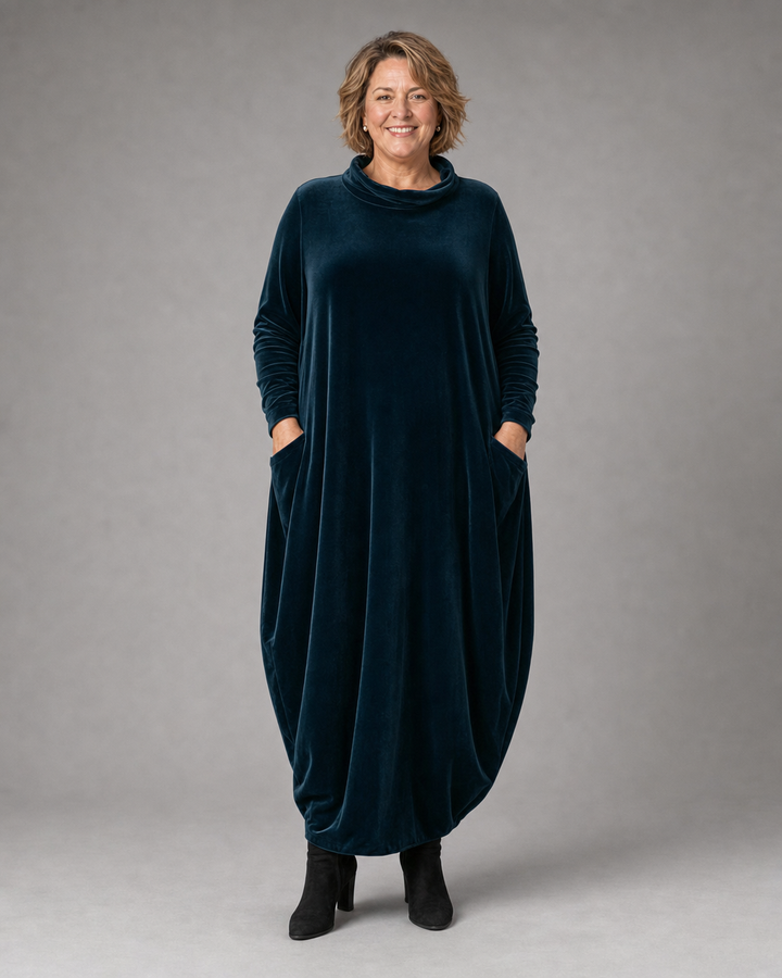 Lellina - Velvet High Neck Loose Fit Maxi Dress