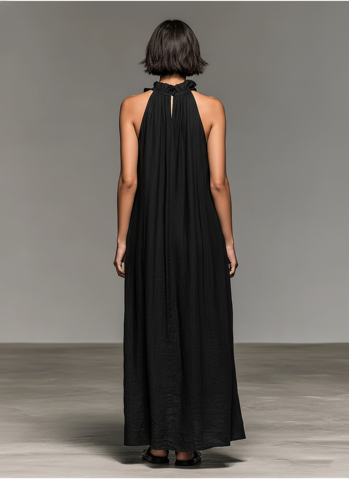 Fiora - Sleeveless Ruffle Halter Neck Long Dress With Pockets