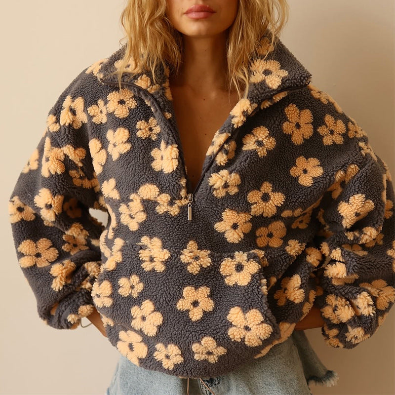 Yzella - Floral Print Fleece Sweater
