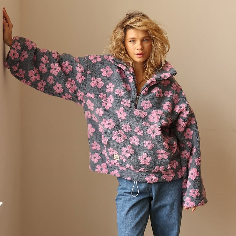 Yzella - Floral Print Fleece Sweater