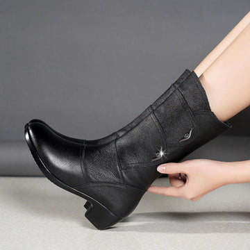 Emmia - Leather Boots with Low Block Heel And Decorative Acents