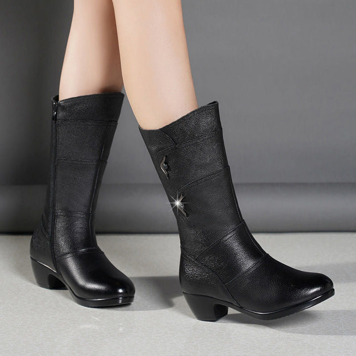 Emmia - Leather Boots with Low Block Heel And Decorative Acents