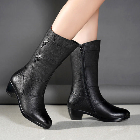 Emmia - Leather Boots with Low Block Heel And Decorative Acents