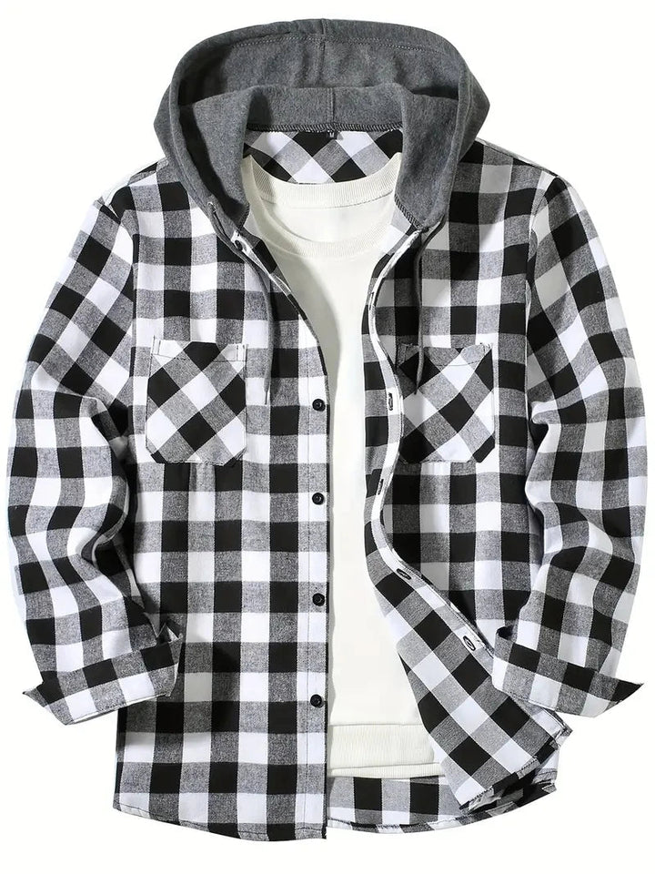Ronildo - Plaid Long Sleeve Hooded Button-Up Shirt