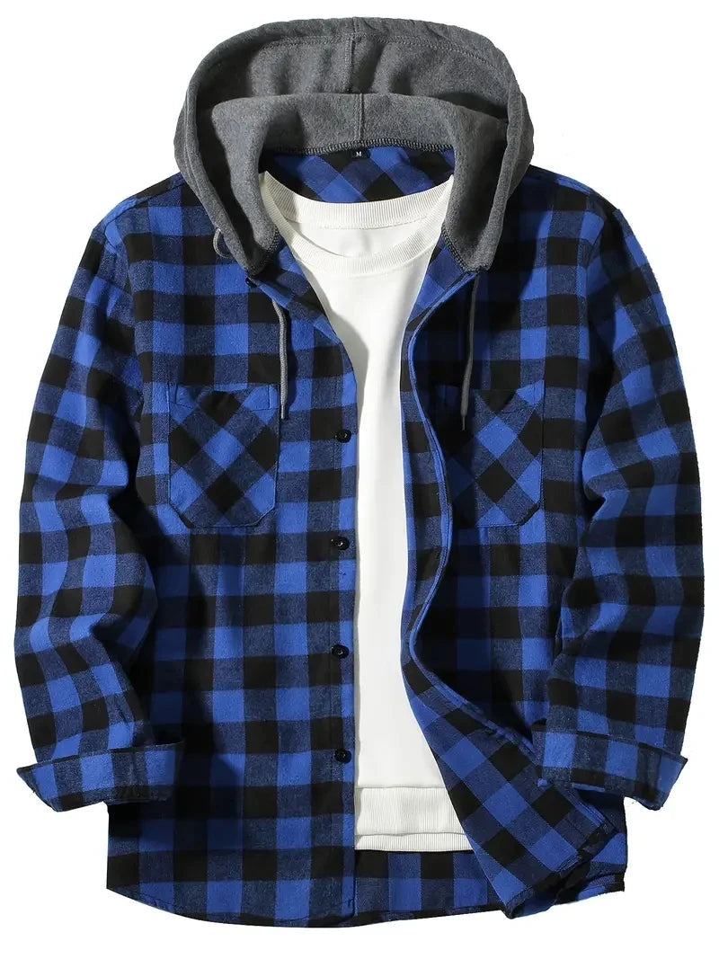 Ronildo - Plaid Long Sleeve Hooded Button-Up Shirt