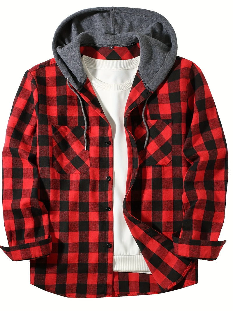 Ronildo - Plaid Long Sleeve Hooded Button-Up Shirt