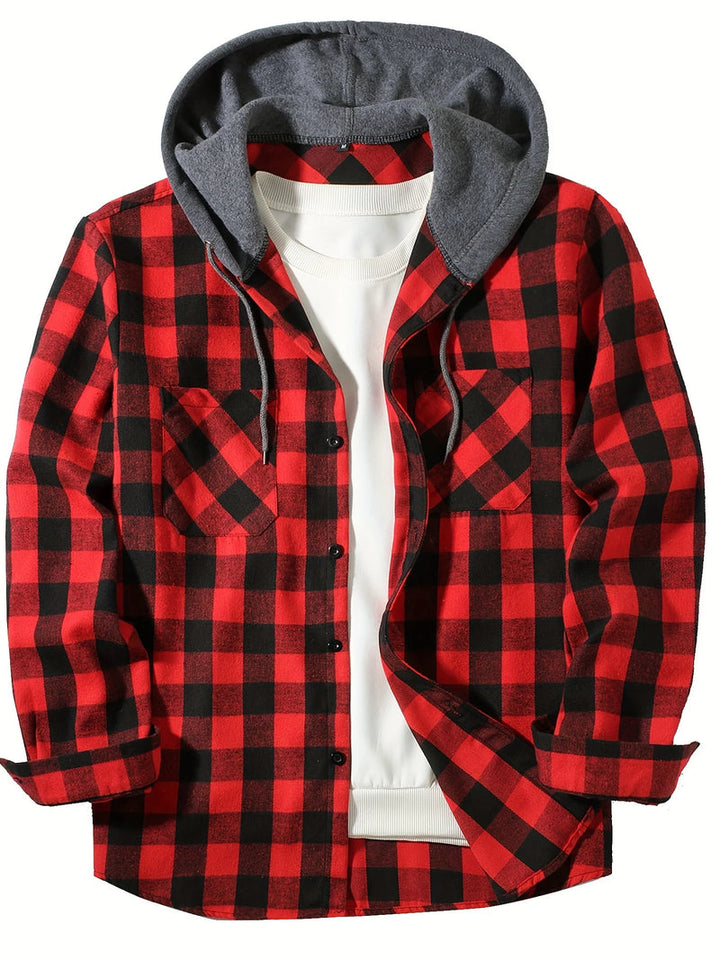 Ronildo - Plaid Long Sleeve Hooded Button-Up Shirt