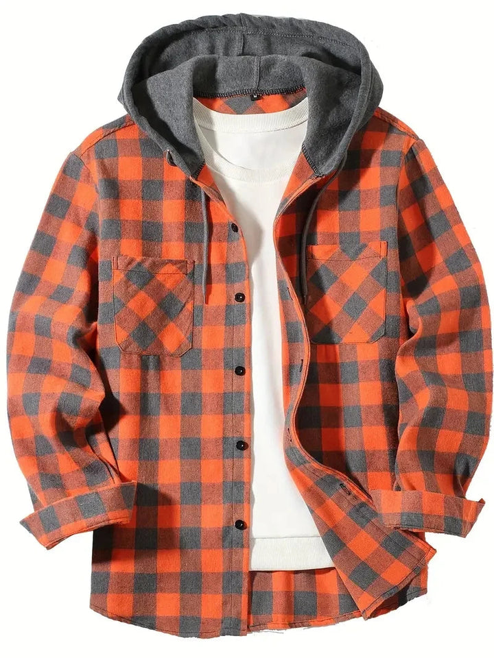 Ronildo - Plaid Long Sleeve Hooded Button-Up Shirt