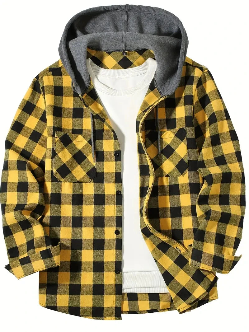 Ronildo - Plaid Long Sleeve Hooded Button-Up Shirt