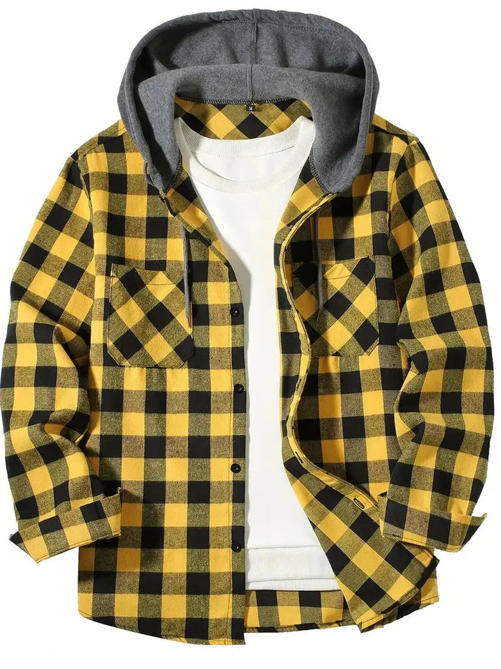 Ronildo - Plaid Long Sleeve Hooded Button-Up Shirt