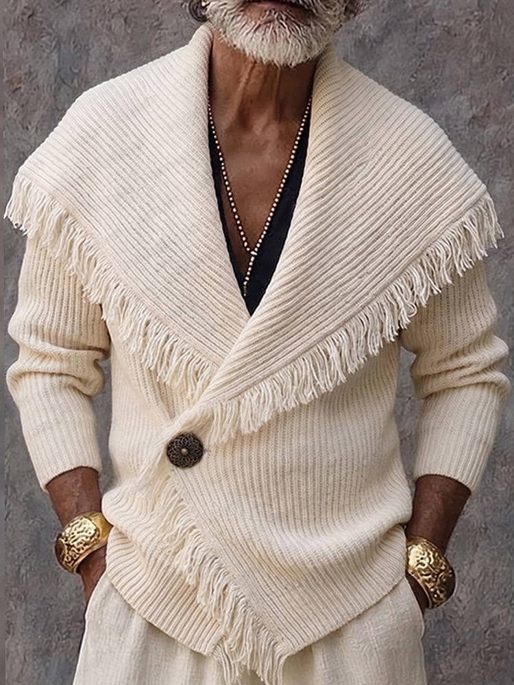 Olson - Stylish Fringe Trim Shawl Collar Knit Cardigan