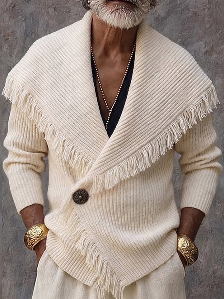 Olson - Stylish Fringe Trim Shawl Collar Knit Cardigan