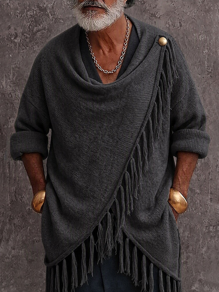 Makenley - Casual Fringe Trim Draped Collar Knit Sweater