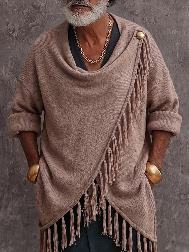 Makenley - Casual Fringe Trim Draped Collar Knit Sweater
