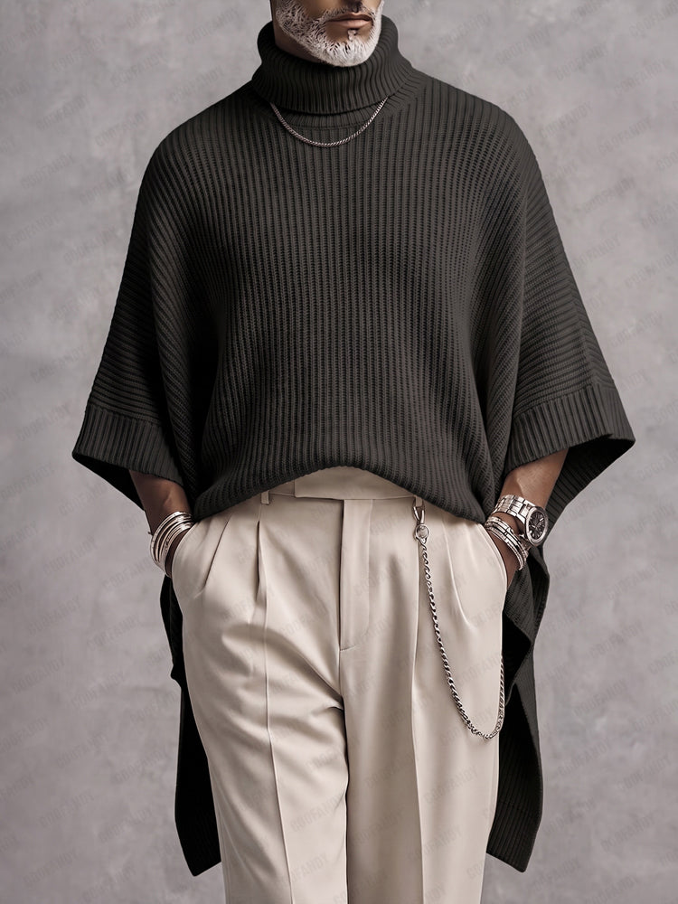 Joash - Oversized Ribbed Turtleneck Poncho Sweater