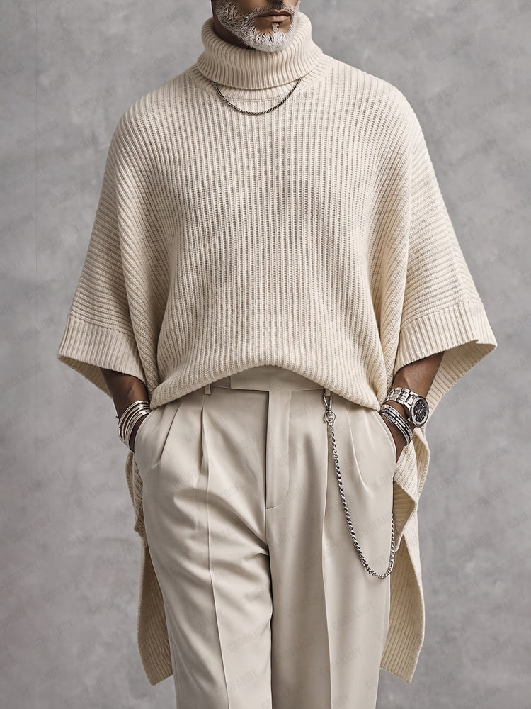 Joash - Oversized Ribbed Turtleneck Poncho Sweater