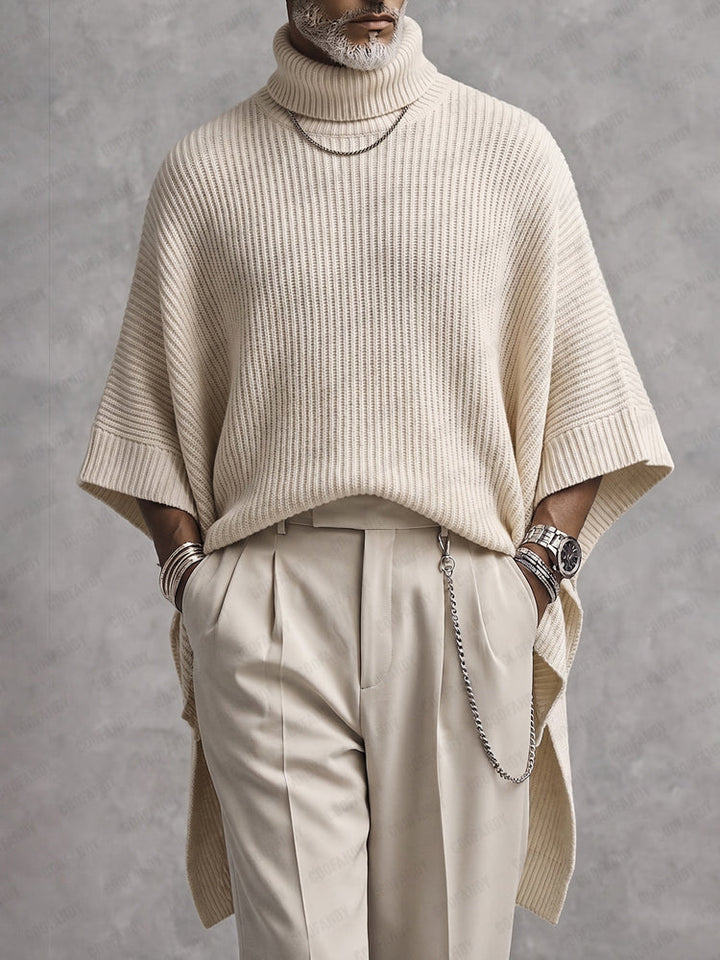 Joash - Oversized Ribbed Turtleneck Poncho Sweater