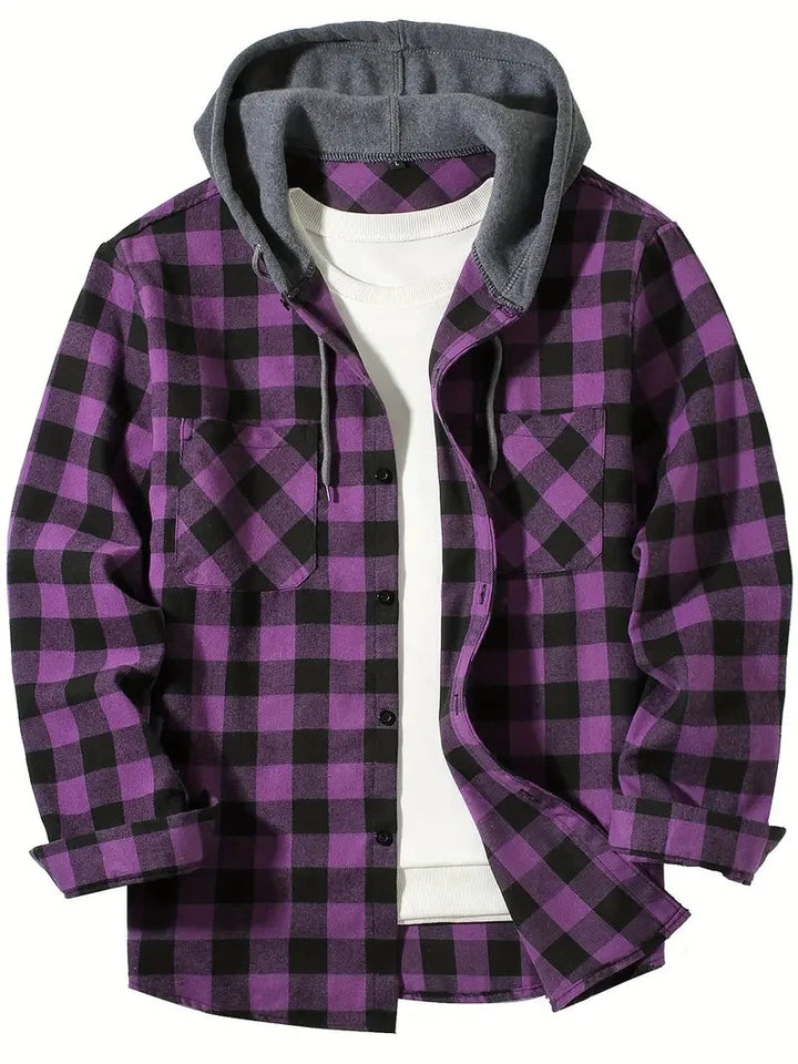 Ronildo - Plaid Long Sleeve Hooded Button-Up Shirt