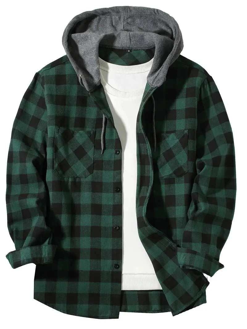 Ronildo - Plaid Long Sleeve Hooded Button-Up Shirt