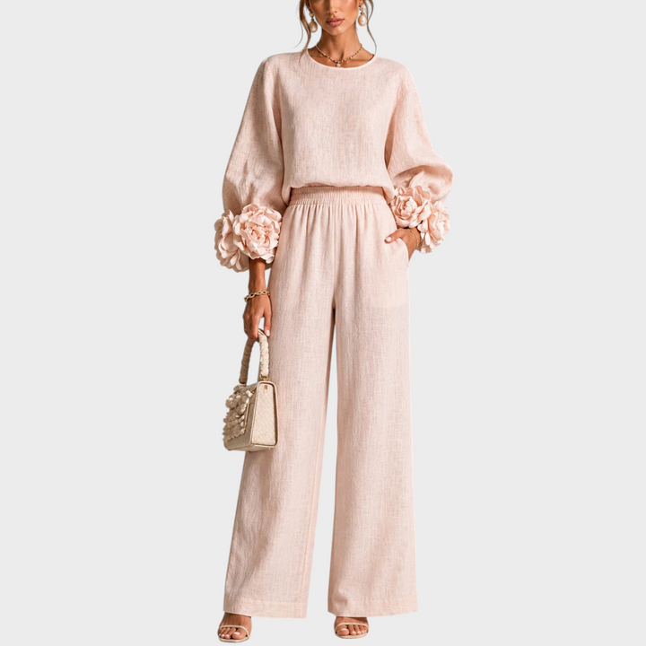 Mersada - Floral Cuff Long Sleeve Wide-Leg Pants Set