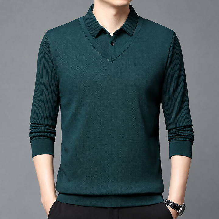 Pedroo - Striped Sleeve Sweater With Buttoned Shirt Collar