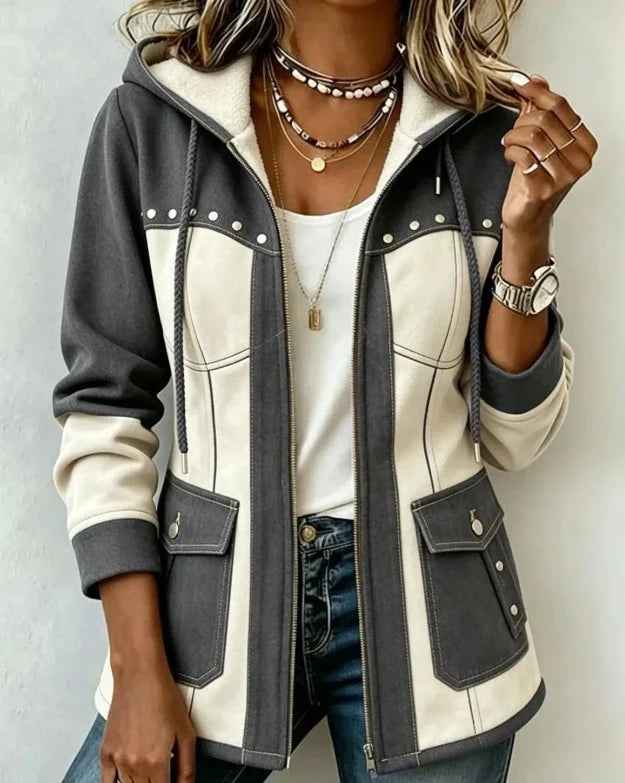 Lyndsay - Jacket With Hood and Contrasting Textured Panels