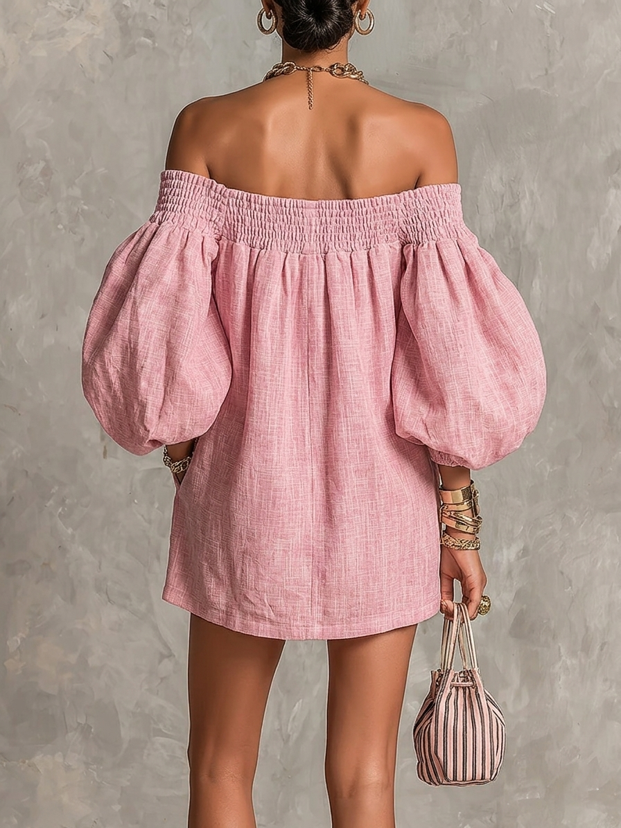 Rewina - Off-Shoulder Lantern Sleeve Mini Dress