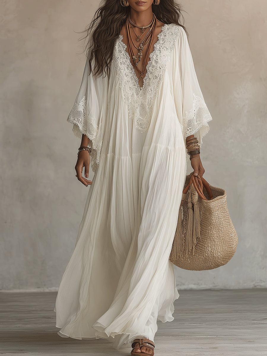 Ainura - Long Ivory Chiffon and Lace Dress