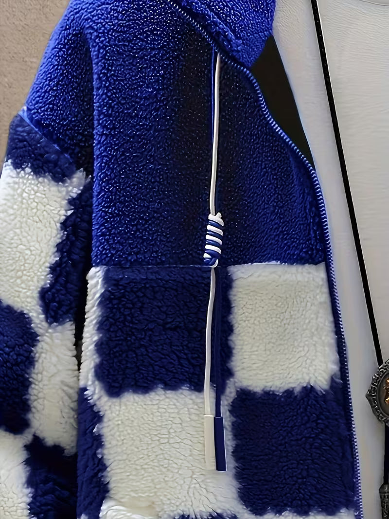 Melany - Hooded Zip Up Checkered Fleece Jacket