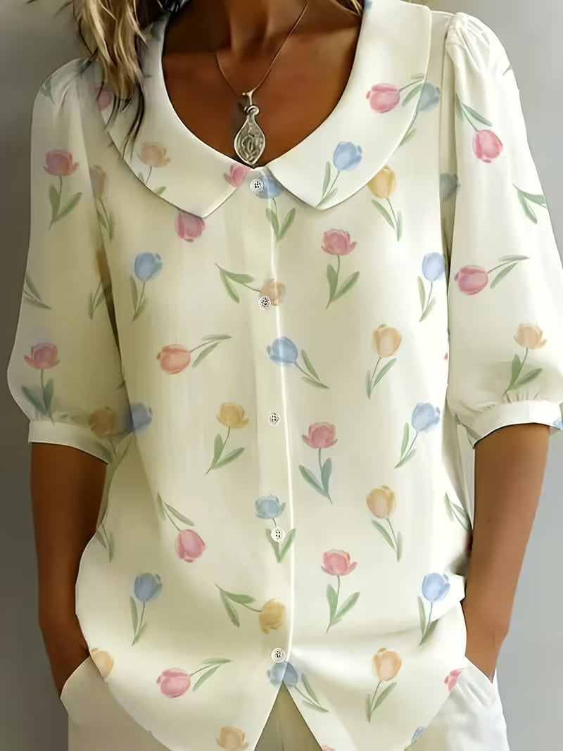 Alvique - Floral Print Collar Short Sleeve Blouse