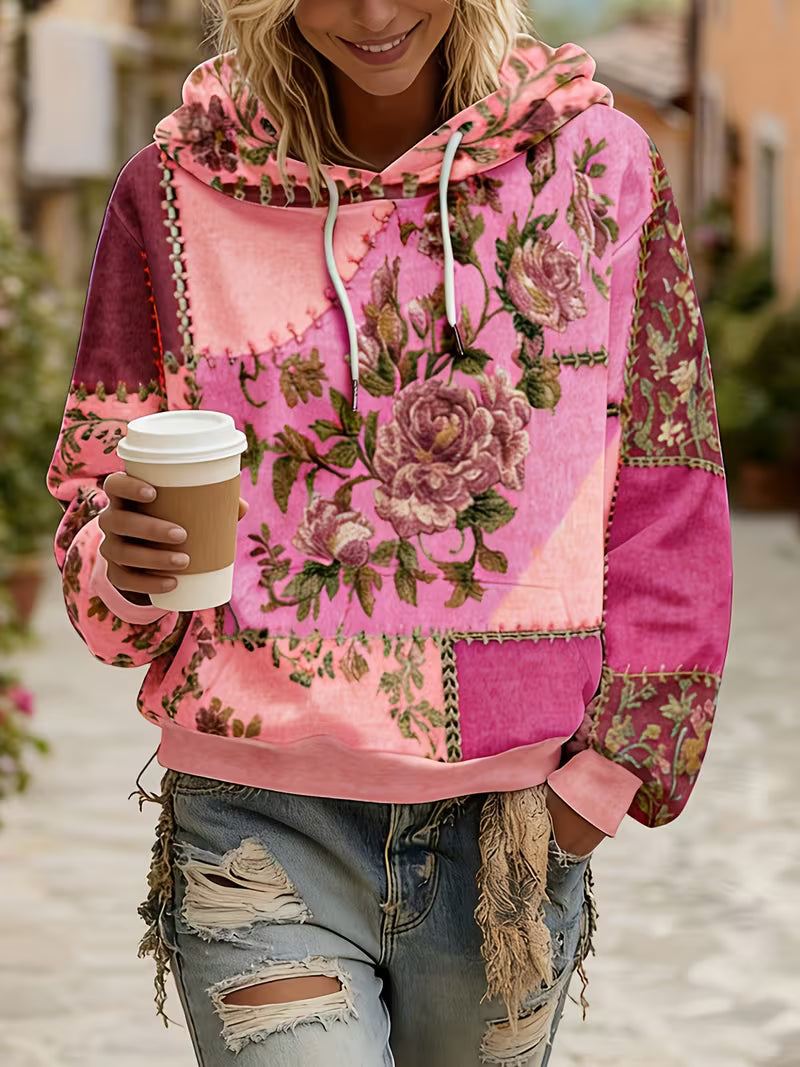 Norella - Floral Patchwork Long Sleeve Hooded Top