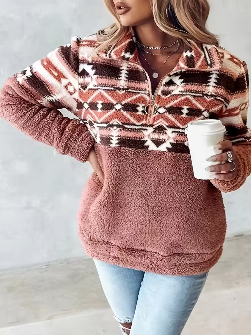 Limina - Geo Pattern Half-Zip Teddy Sweatshirt