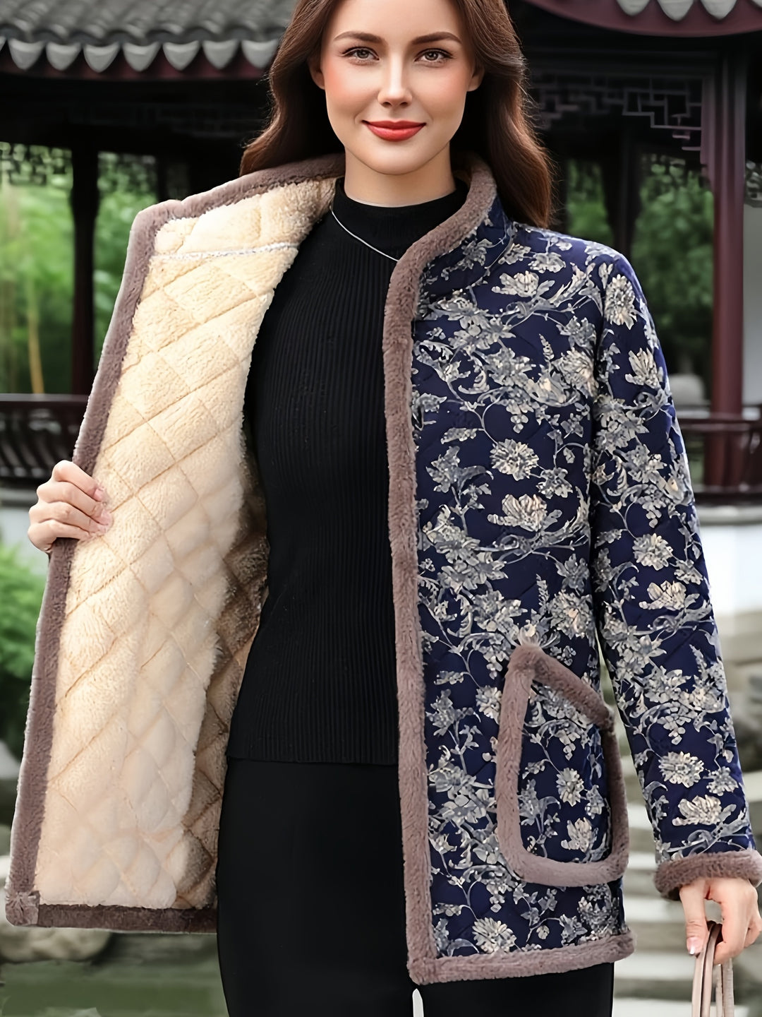 Mayte - Floral Winter Jacket With Button