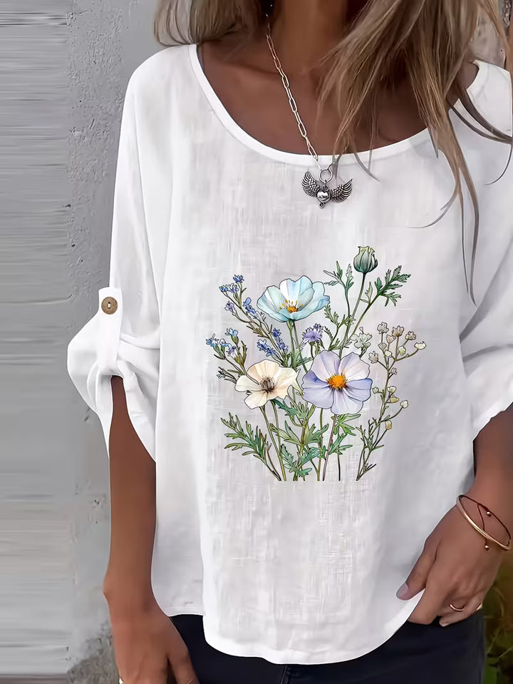 Sheril - Floral Print Roll-Tab Sleeve Loose Top