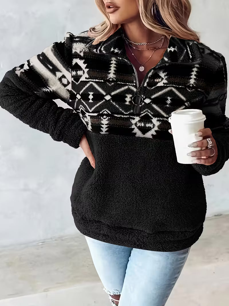 Limina - Geo Pattern Half-Zip Teddy Sweatshirt