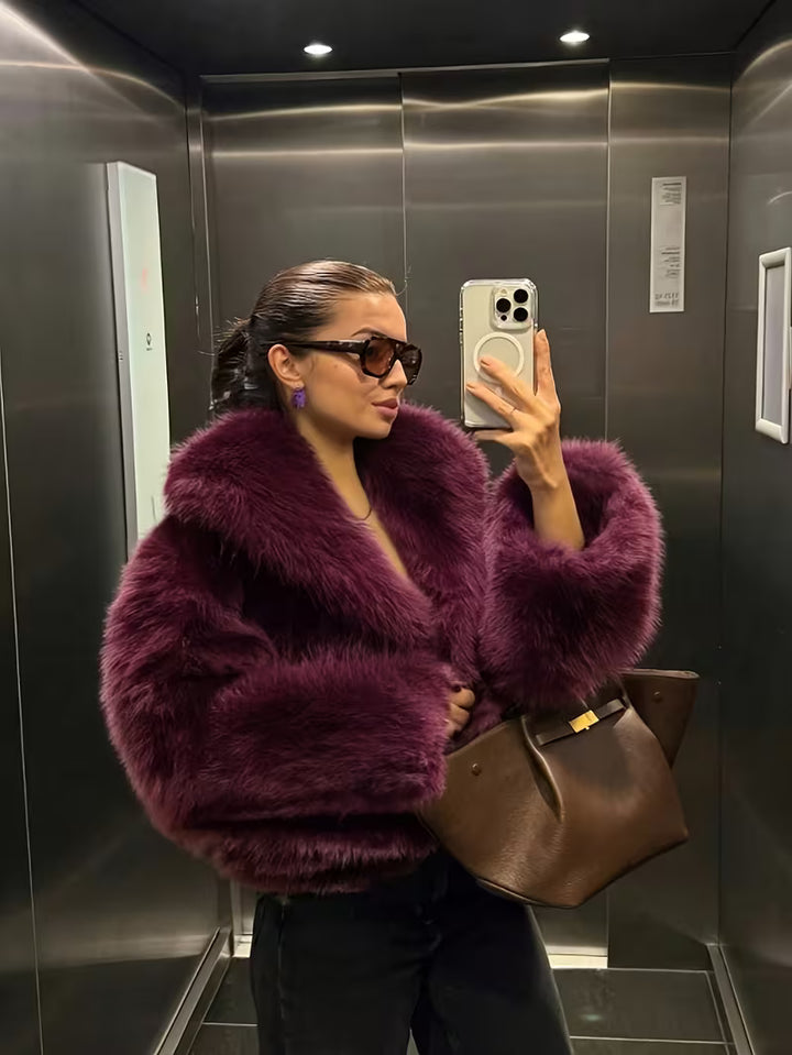 Jorida - Faux Fur Oversized Cropped Lapel Jacket