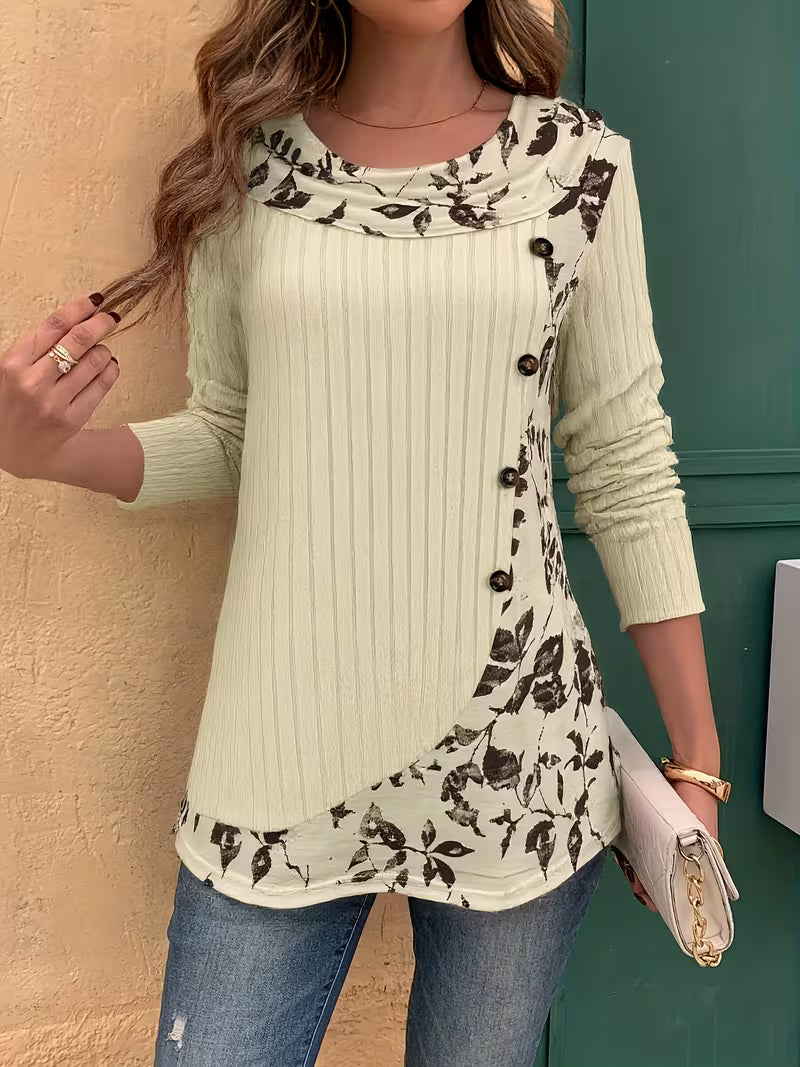 Lucynda - Ribbed Long Sleeve Printed Button Detail Top