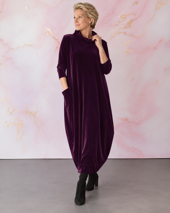 Lellina - Velvet High Neck Loose Fit Maxi Dress