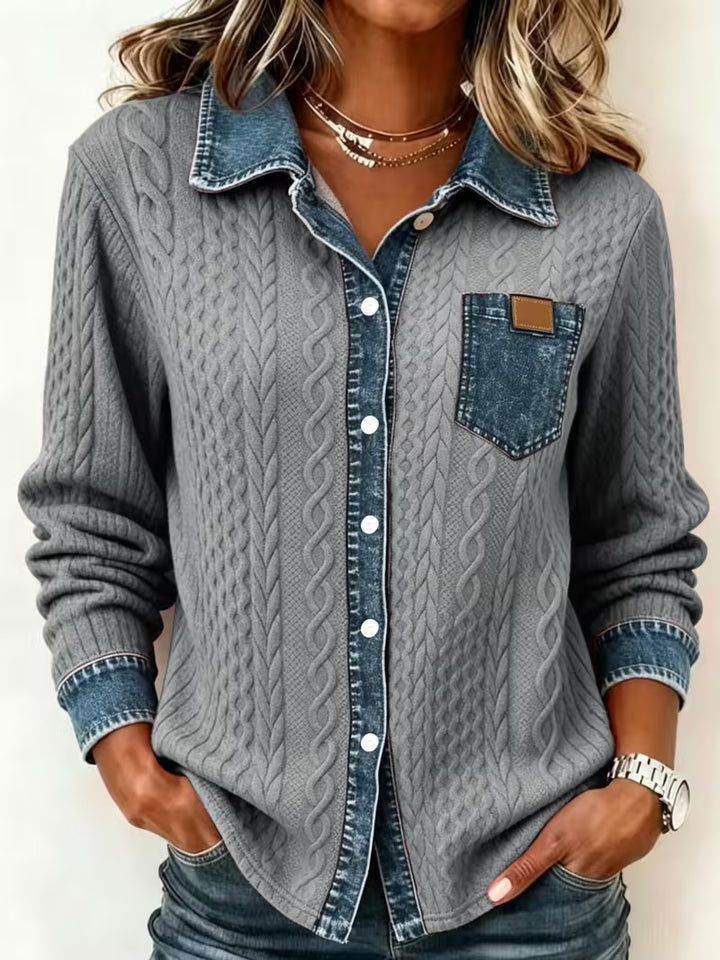 Eryna - Long Sleeve Cable Knit Shirt with Denim Collar