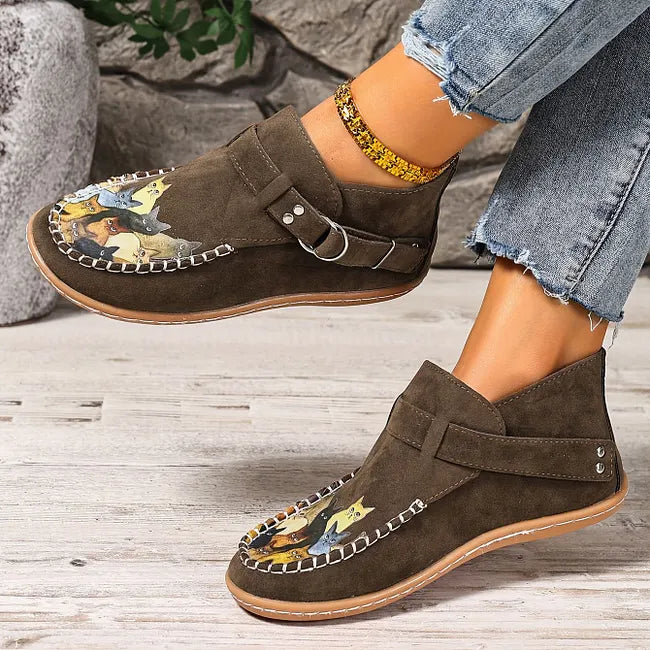Viktoriy - Cat Print Flat Ankle Boots with Buckle