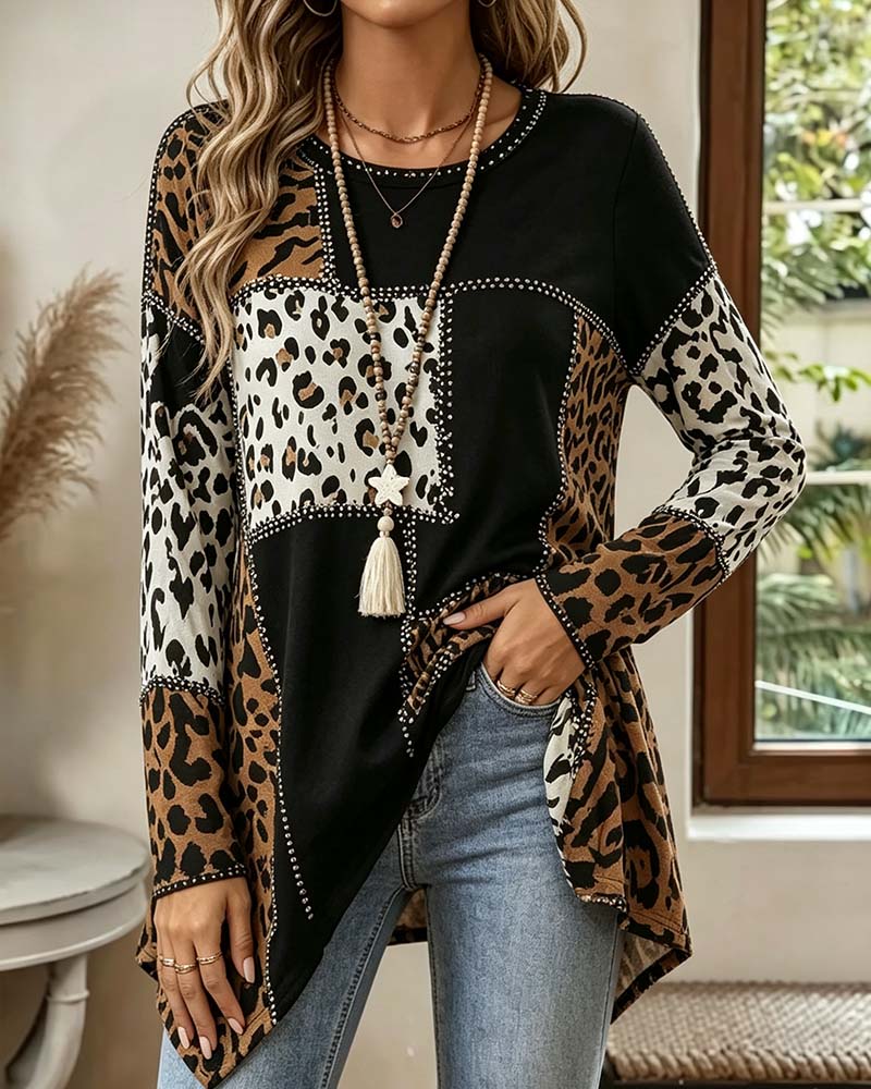 Niriza - Irregular Patchwork Leopard Print Blouse