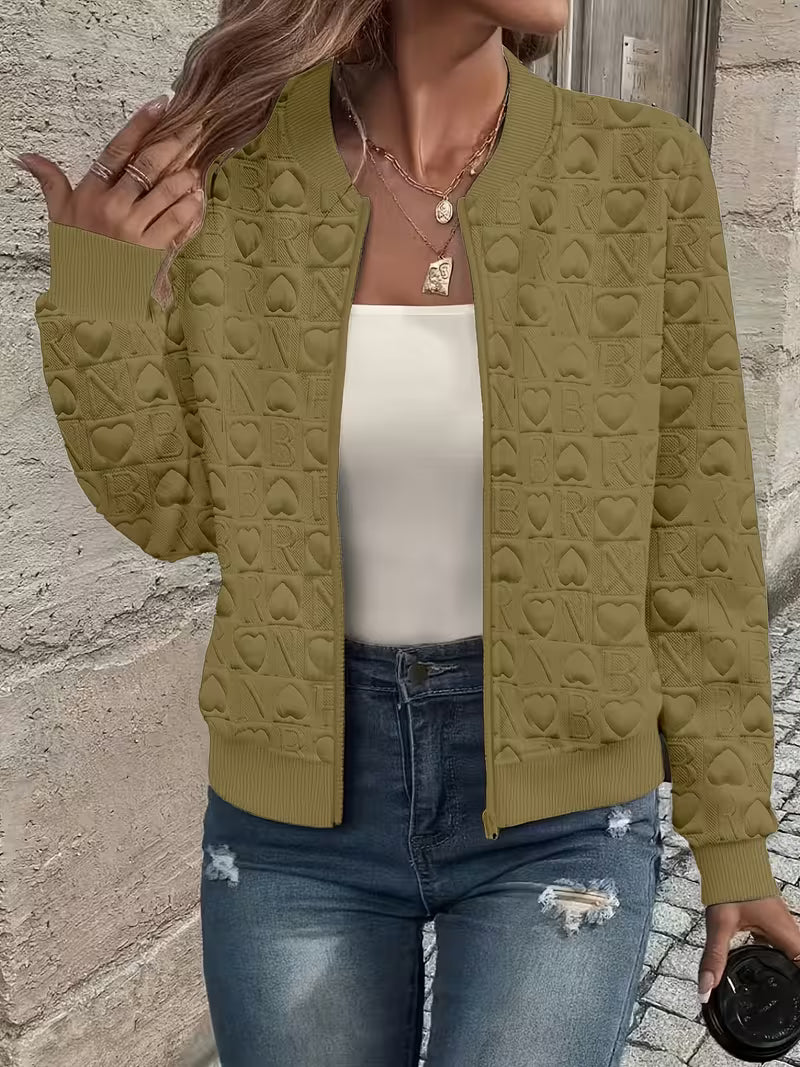 Lojina - Embossed Heart Pattern Zip-Up Jacket